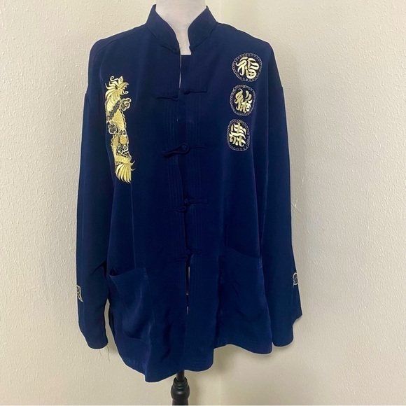 Vintage 100% Silk Mandarin Collar Dragon Embroidered Navy Jacket XXL NWT Unisex - Picture 3 of 9